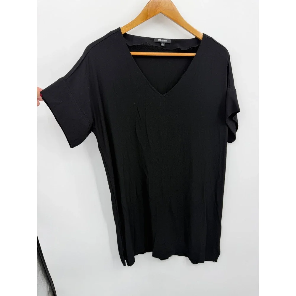 Madewell Novel shift G1891 V-Neck sz L Black Short Sleeve Viscose Crepe dress